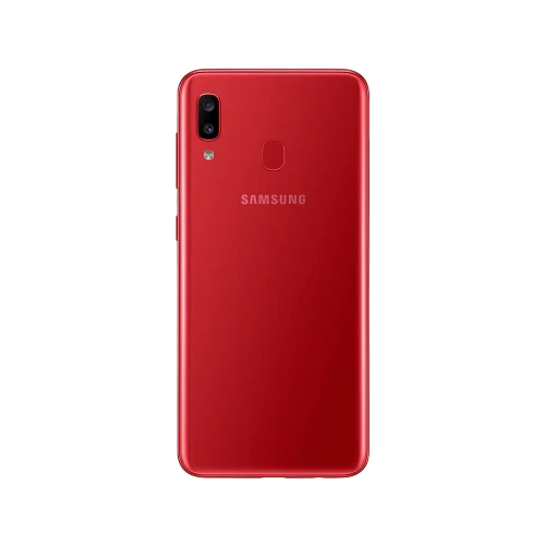 Kırmızı Samsung Galaxy A20 akıllı telefonun arka yüzü, çift kamera ve parmak izi okuyucu detaylı