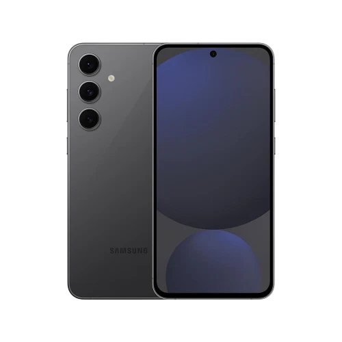 Samsung Galaxy S24 FE siyah akıllı telefon, önden ekran ve arkadan üçlü kamera görünümüyle ana ürün çekimi