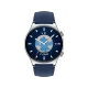 Gümüş kasalı Honor Watch GS 3 akıllı saat, lacivert kadran ve kayışla önden görünür.