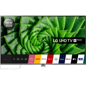 LG 50UN81006LB Ultra HD 4K LED televizyon vitrini, yeşil bitki görselli ekran ve ThinQ arayüzü