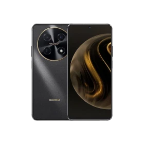 Huawei Nova 12i siyah akıllı telefonun ön ve arka tasarımı, yuvarlak kamera modülüyle vitrin görünümü