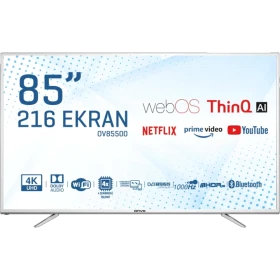Onvo OV85500 Ultra HD 4K LED televizyon, 85 inç ekranı ve akıllı TV özellikleriyle önden görünüm