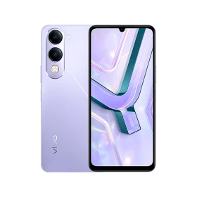 Mor Vivo Y04s akıllı telefonun ön ve arka yüzü, çift arka kamera ve damla çentikli ekran görünümü