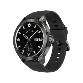 Honor Choice Watch 2 Epic siyah akıllı saat, yuvarlak kadranı ve silikon kayışıyla üç çeyrek açıdan görünür.