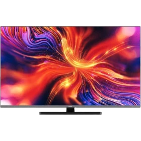 Vestel 65UA9900 Ultra HD 4K LED televizyon, renkli soyut ekranı ve siyah standıyla önden görünüm