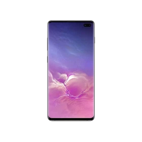 Siyah Samsung Galaxy S10 Plus akıllı telefonun önden görünümü, kavisli ekran ve çift ön kamera detaylı