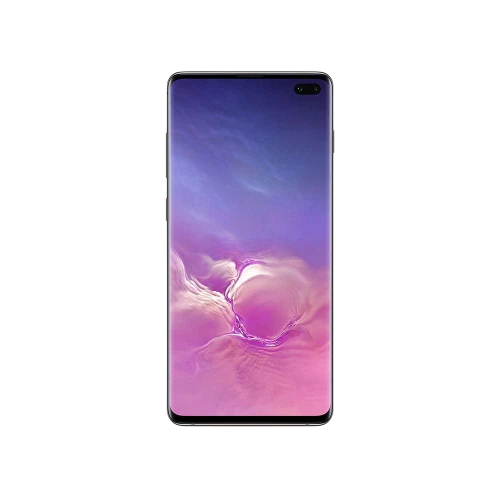 Siyah Samsung Galaxy S10 Plus akıllı telefonun önden görünümü, kavisli ekran ve çift ön kamera detaylı
