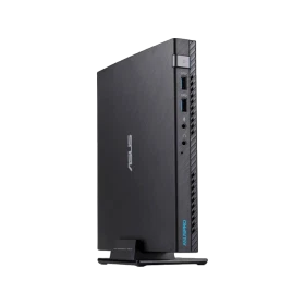 Asus E520-B094M siyah kompakt masaüstü bilgisayar, dikey tasarım ve ön panel bağlantı noktalarıyla
