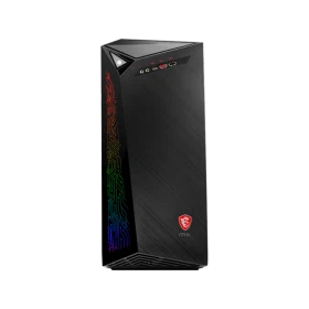 MSI MAG Infinite 10SI-1032EU siyah masaüstü bilgisayar kasası, RGB aydınlatmalı ön paneliyle görüntüleniyor