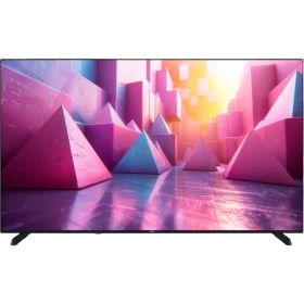 Vestel 75UA9740 Ultra HD 4K LED televizyon, pembe geometrik manzara gösteren geniş ekranıyla önden görünüm