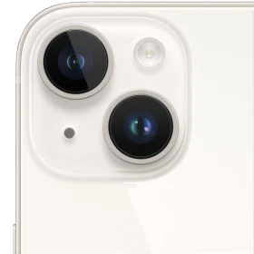 Beyaz Apple iPhone 14 Plus akıllı telefonun arka kamera modülü yakın plan, çift lens ve flaş detaylı