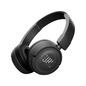JBL Tune 450BT Kablosuz siyah kulak üstü kulaklık, katlanabilir tasarımıyla önden görünüm