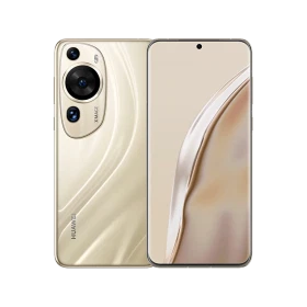 Huawei P60 Art altın renk akıllı telefonun ön ve arka yüzü, kavisli ekran ve kamera modülüyle vitrin görünümü