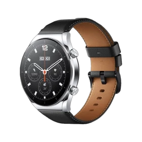 Xiaomi Watch S1 gümüş akıllı saat, siyah ve kahverengi deri kayışlı yuvarlak kadranlı tasarım
