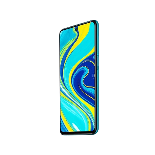 Xiaomi Redmi Note 9s yeşil akıllı telefon, tam ekran ön yüz ve damla çentikli kamera tasarımı