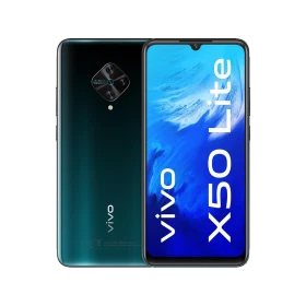 Vivo X50 Lite siyah akıllı telefon, ön ekran ve arka kamera modülüyle önden ve arkadan görünüm