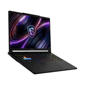 MSI Raider 16 HX B2WH-091TR siyah oyuncu laptop; RGB aydınlatmalı klavye ve yüksek çözünürlüklü ekran görünümü