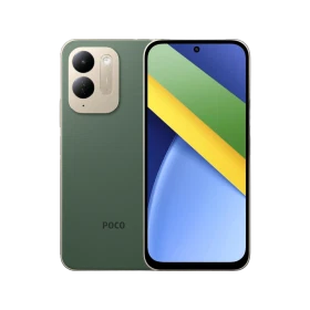 Xiaomi Poco C95 Pro yeşil telefonun ön ve arka yüzü, kamera modülü ve renkli ekran tasarımıyla birlikte
