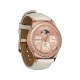 Samsung Gear S2 Classic Rose pembe akıllı saat, beyaz deri kayış ve yuvarlak ekran tasarımıyla.