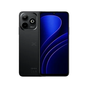 Siyah Omix O1 Next 5G akıllı telefon, ön ekran ve arka kamera modülüyle vitrin görünümü