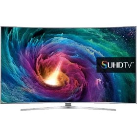 Samsung 88JS9500 Ultra HD 4K TV, ultra canlı renklerle çiçek deseni ekranı ve UHDTV logosu görünüyor.