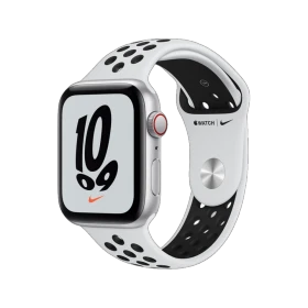 Apple Watch Nike SE Cellular 44 mm gümüş alüminyum kasa ve beyaz-siyah Nike spor kordonlu akıllı saat