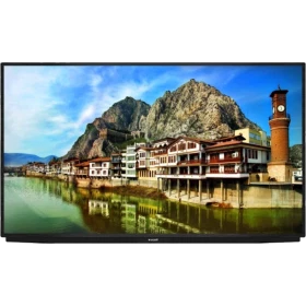 Arçelik A43K 791G Hotel Ultra HD 4K LED TV, siyah çerçeveli; ekranda dağ ve göl manzarası