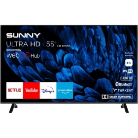 Sunny SN55UAL256 Ultra HD 4K TV, 55 inç siyah ekran ve ayaklarıyla önden görünüm