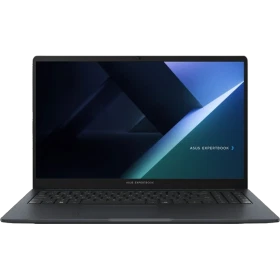 Asus ExpertBook B1 B1503CVA koyu gri laptop; 8GB RAM ve 512GB SSD, DOS işletim ekranı görünüyor.