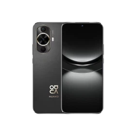 Huawei Nova 12S siyah akıllı telefon, ön ve arka yüzüyle; büyük ekran ve dairesel kamera modülüyle birlikte