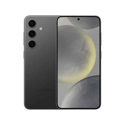 Samsung Galaxy S24 siyah akıllı telefon, ön ekran ve arka üçlü kamera tasarımıyla vitrin görünümü