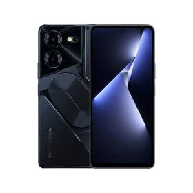 Tecno Pova 5 Pro siyah akıllı telefon, ön ekran ve arka kamera tasarımıyla vitrin görünümü