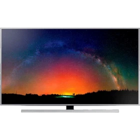 Samsung 65JS8000 Ultra HD 4K televizyon, genel renkli ince ekran ve yıldızlı manzara temalı vitrin görünümü