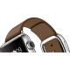 Apple Watch 38 mm gümüş paslanmaz çelik kasalı akıllı saat ve kahverengi modern tokalı kayış detayı
