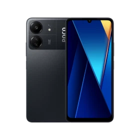 Siyah Poco C65 akıllı telefon, ön ekran ve arka yüzey tasarımıyla vitrin görünümü