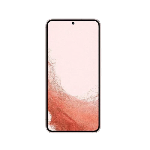 Pembe Samsung Galaxy S22 akıllı telefon, ince çerçeveli ekran ve ortada ön kamera delikli tasarım