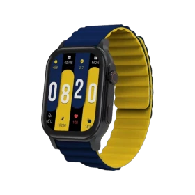 Xiaomi Heyplus Watch S8 siyah akıllı saat, mavi ve sarı kayışıyla önden görünür.