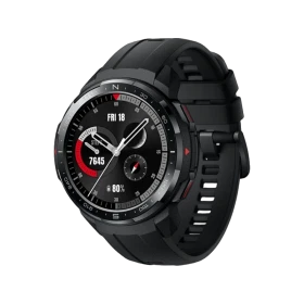 Honor Watch GS Pro siyah akıllı saat, yuvarlak ekranı ve dayanıklı silikon kayışıyla önden görünüm