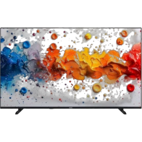Vestel 55QG9840 Ultra HD 4K QLED televizyon, renkli soyut sanat ekranı ve ince siyah çerçevesiyle