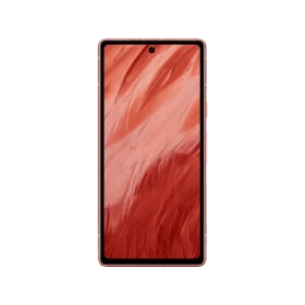 Google Pixel 7a kırmızı akıllı telefonun önden görünümü, kırmızı tonlarda ekran arka planıyla.