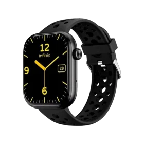 Siyah Infinix Xwatch H4 akıllı saat, dikdörtgen ekranı ve delikli silikon kordonuyla önden görünür