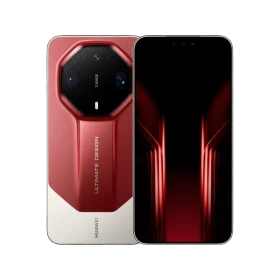 Huawei Mate 90 RS Ultimate Design kırmızı telefonun ön ve arka yüzü, özel kamera modülüyle birlikte.