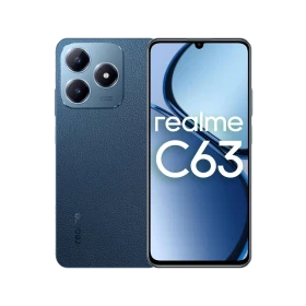 Realme C63 mavi akıllı telefonun ön ve arka görünümü, geniş ekran ve üçlü kamera modülüyle vitrin çekimi