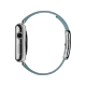 Apple Watch 38 mm paslanmaz çelik kasalı, modern tokalı kutup mavisi kayışlı akıllı saat yan görünümü