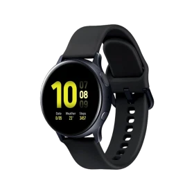 Samsung Galaxy Watch Active 2 40 mm siyah alüminyum akıllı saat, yuvarlak ekran ve silikon kayışla gösteriliyor