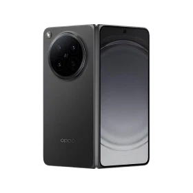 Siyah Oppo Find N6 akıllı telefonun vitrin görünümü, katlanır tasarım ve dairesel kamera modülü