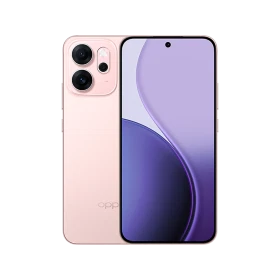 Oppo Reno 14 F pembe akıllı telefonun ön ekranı ve arka kamera modülünü gösteren vitrin çekimi