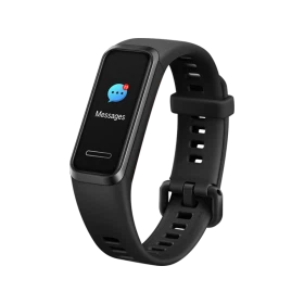 Huawei Band 4 siyah akıllı bileklik, renkli ekranı ve ayarlanabilir silikon kordonuyla önden görünüm