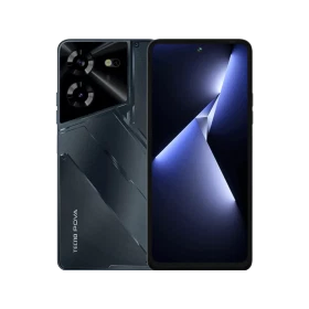 Siyah Tecno Pova 5 akıllı telefon, ön ekran ve arka kamera tasarımıyla vitrinde çift açı görünüm