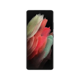 Samsung Galaxy S21 Ultra siyah akıllı telefonun ön yüzü, ekran açık, çerçevesiz tasarım vitrin görüntüsü